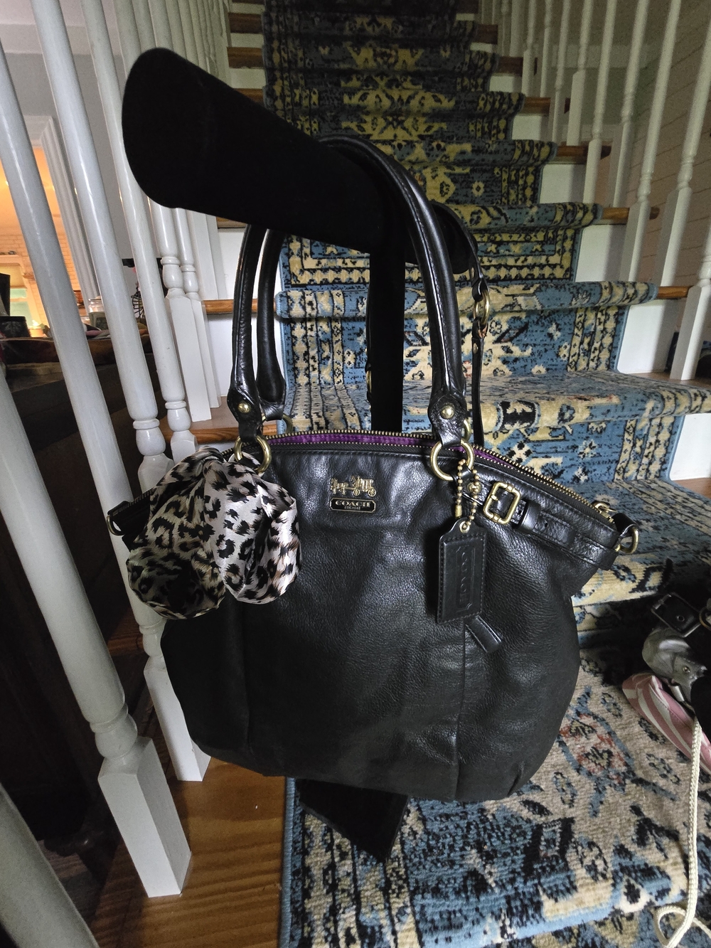 Coach Black Leather Shoulder Bag with Leopard Scarf Accent